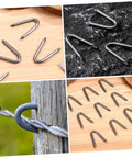 1 Bag U Shaped Fence Staples Durable Fasteners For Chicken Wire And Hardware Cloth With Quick And Easy Install No Fuss For Fencing Projects On Farms And Gardens shown in various angles and settings, including wood and wire installations.