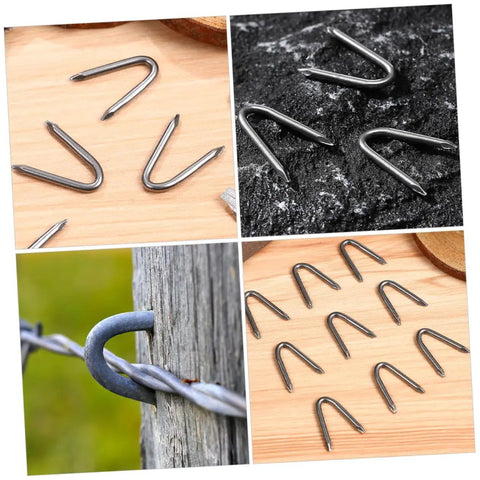 1 Bag U Shaped Fence Staples Durable Fasteners For Chicken Wire And Hardware Cloth With Quick And Easy Install No Fuss For Fencing Projects On Farms And Gardens shown in various angles and settings, including wood and wire installations.