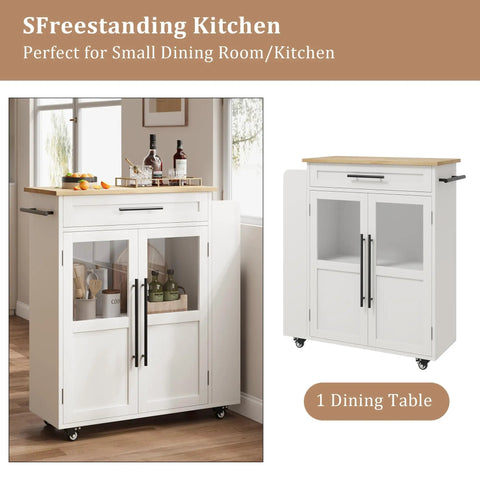 Farmhouse Mobile Kitchen Island Cart With Slick Rolling Lockable Casters And Front Glass Cabinet Plus Roomy Gear Hauler Drawer And Three Tier Spice Shelf For Weekend Cookoffs in white with wood top and glass doors.