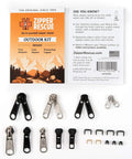 Outdoor Zipper Repair Kit with 9 Sliders 6 Bottom Stops and 3 Top Stops for backpacks jackets tents and gear shown with packaging and components
