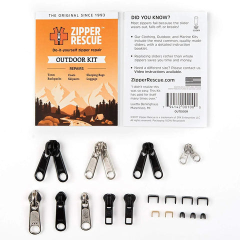 Outdoor Zipper Repair Kit with 9 Sliders 6 Bottom Stops and 3 Top Stops for backpacks jackets tents and gear shown with packaging and components