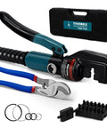 Heavy Duty Hydraulic Crimping Tool And Cable Cutter Kit For 12 AWG Up To Two Zero Gauge Wires And One Eighth Inch Stainless Steel Wire Rope Pro Grade Tool With Nine Die Sets And Handy Storage Case displayed with components including tool, dies, and case.