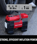 Red 12V Tire Inflator Portable Air Compressor With Digital Gauge Auto Shut Off LED Light next to car tire
