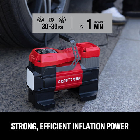 Red 12V Tire Inflator Portable Air Compressor With Digital Gauge Auto Shut Off LED Light next to car tire