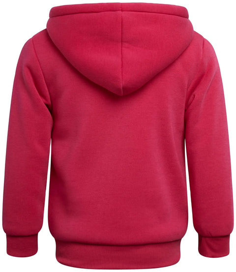 Back view of Girls Cozy Soft Fleece Sherpa Lined Zip Up Hoodie For School And Play in vibrant fuchsia pink, size 5-6, easy layering.