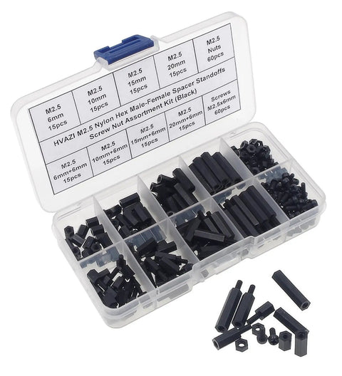 Black Nylon M2.5 Hex Spacer Standoffs Screws Nuts Assortment Kit 240 Pieces Including Male And Female Standoffs In 6mm And 10mm Lengths