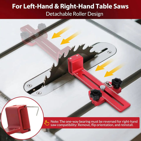Pro Grade Aluminum Track Jig For Narrow Cuts, red T Slot Guide with measurement markings on table saw, detachable roller design