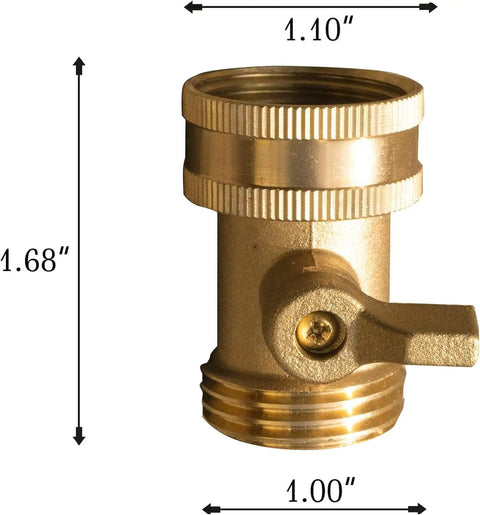 Solid Brass Garden Hose Shut Off Valve Set, Beefy Heavy Duty Three Quarter Inch, shown with dimensions for size reference.