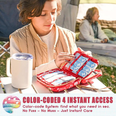 Family Friendly First Aid Kit With 200 Essentials For Kids, Travel Ready In A Compact Storage Bag on a camping table