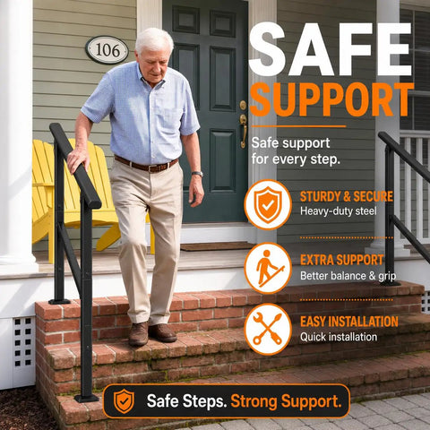 Heavy Duty Outdoor Hand Rail For 2 To 3 Steps Black Iron Style Stair Railing For Concrete Brick Wood Stairs Rock Solid Hold Tight Safety Rail For Seniors And Kids Easy Install Porch Deck Garden installed on brick steps