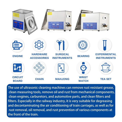 Heated Stainless Steel Ultrasonic Cleaner With Digital Timer And Adjustable Temperature For Pro Deep Cleaning At Home Or Shop, shown from multiple angles, ideal for various cleaning tasks.