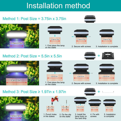 Installation methods for Solar Post Cap Lights Outdoor No Wiring Deck Lighting 52 LED 160 Lumen For 4x4 5x5 6x6 Wooden Posts