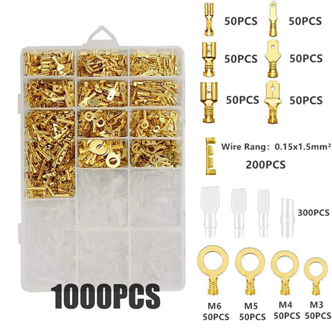 Massive 1000 Piece Quick Splice Crimp Spade Terminals Kit Includes Assortment Of 2.8mm 4.8mm 6.3mm Male And Female Wire Connectors