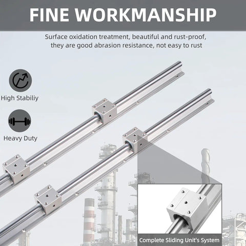 SBR16 Linear Rail Kit 2500mm Spliced Guide with Two 1500mm and Two 1000mm Rails, Eight SBR16UU Blocks, shown in industrial setting