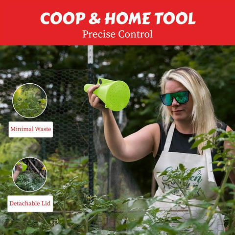 Woman using green Chicken Powder Duster With Puff Food Grade Dusting Dispenser For Coops And Plants in garden