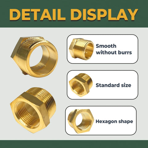 Two LIONMAX brass hex bushing reducers, 1/2 in NPT male x 3/8 in NPT female, threaded pipe fittings with sealing tape