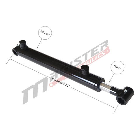 Built Tough Hydraulic Cylinder 1.5 Inch Bore 16 Inch Stroke Welded Ram With Cross Tube Ends Double Acting 3500 PSI SAE 6 Ports 1 Inch Rod Diameter Retracted 24 Inch Extended 40 Inch For Heavy Lifting, black welded cylinder