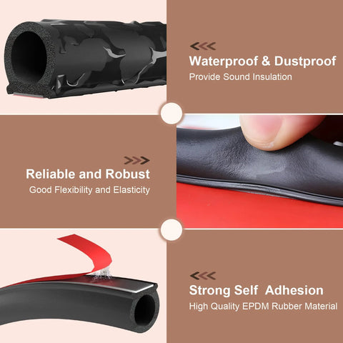 10 ft black D-shaped rubber weather stripping for car doors and windows; self-adhesive EPDM seal.