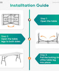 Installation guide for Six Foot Folding Table For Indoor And Outdoor Use Portable Picnic Party Table With Carrying Handle Fold In Half Design Lightweight White Plastic Perfect For Parties BBQs Weddings Camping And More, showing setup steps.