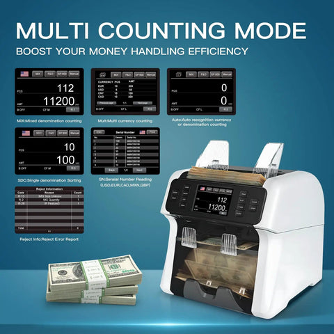Turbocharged Money Counter Machine With Mixed Denomination Sorting And Reject Pocket, Counterfeit Detection, Multi Currency Sorter
