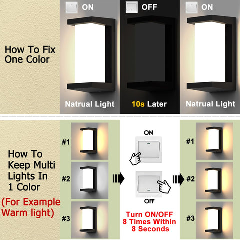 3 Color Temperature 24W LED Outdoor Wall Light instructions for fixing color with switch control, showing warm and natural light modes.