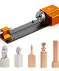 Tight Grip 4th Axis Rotary Table For CNC Router Engraver With 1:4 Belt Drive And Quick Swivel Chuck showcasing precision machining with wooden and sculpted pieces.