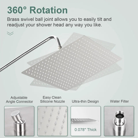 16 Inch Rain Shower Head High Pressure 1.8 GPM Brushed Nickel Square Shower Head With Anti Clog Silicone Nozzles For Full Body Coverage, Easy Install, California Compliant