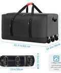 Finnhomy 120L foldable rolling duffel bag, black with three wheels and top handles; front view shows 32.3 in length and rolled form