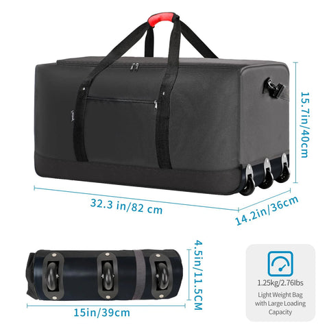 Finnhomy 120L foldable rolling duffel bag, black with three wheels and top handles; front view shows 32.3 in length and rolled form