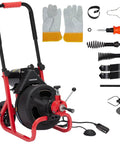 Auto Feed Electric Drain Cleaner Machine Delivers Heavy Duty Torque To Knock Out Thick Grease Clogs And Tree Roots Instantly For 3/8 Inch Drain Pipe Or 1 To 4 Inch Line Runs Nailed Every Time with accessories visible.