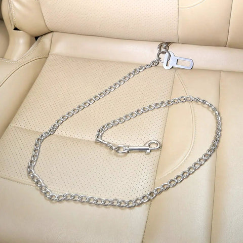 Badass Stainless Steel Dog Car Seatbelt No Chew Pet Safety Restraint Cable on car seat, showcasing durable chain and clips.