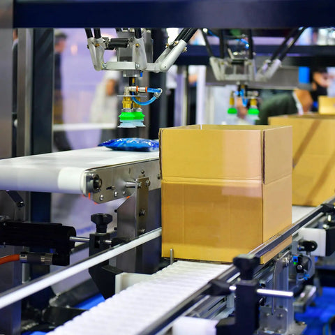 Automated assembly line with robotic arm packaging using 24V DC Solenoid Electromagnet Round Lifting Magnet 2W 17 Lb Holding Force 8 Kg