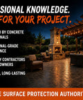 Pro Level Water Based Concrete Sealer With Semi Gloss Finish used in outdoor patio with seating and fireplace at night.