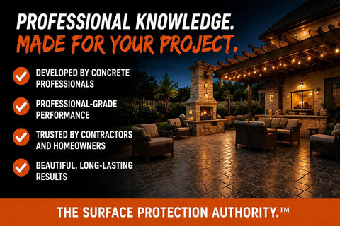 Pro Level Water Based Concrete Sealer With Semi Gloss Finish used in outdoor patio with seating and fireplace at night.