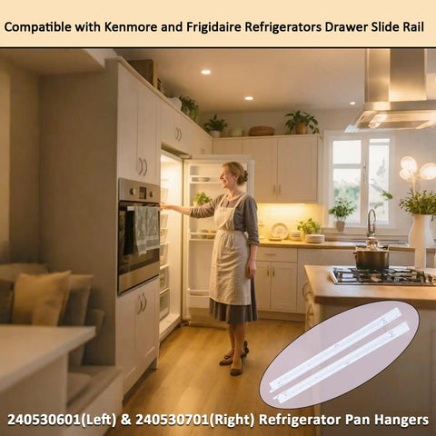 Upgraded Fridge Drawer Slide Rails For Kenmore And Frigidaire Refrigerators Replaces 240530601 240530701 in kitchen installation.