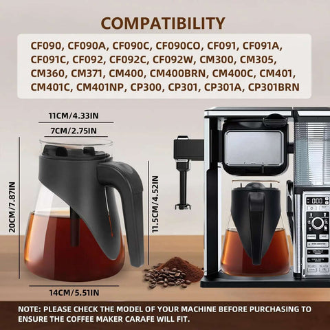Side view of 60 Oz Glass Coffee Carafe Replacement For Ninja Coffee Makers in coffee machine, demonstrating fit.
