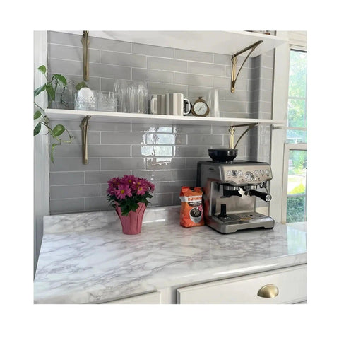 Peel And Stick White Marble Vinyl Countertop Backsplash Wrap 36 By 180 Inches Waterproof Self Adhesive Contact Paper in kitchen.
