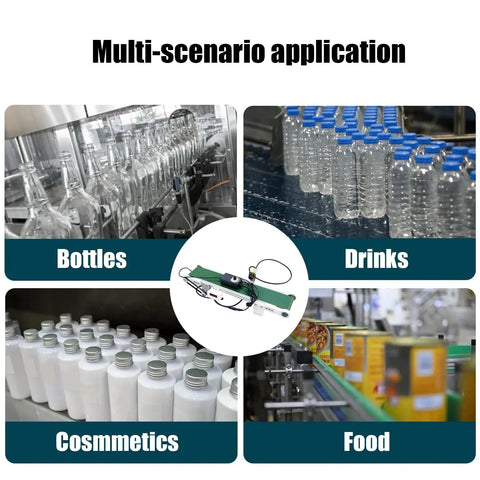 Plug And Play Mini Electric Belt Conveyor For Desktop Use With PVC Belt shown with bottles, drinks, cosmetics, and food