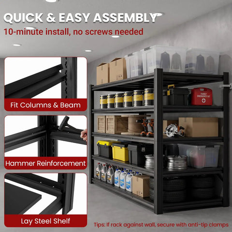 Heavy Duty 5 Tier Garage Shelving Unit Packing 5000 Lbs Metal Storage Rack Adjustable Industrial Workhorse Shelf with tools and boxes.