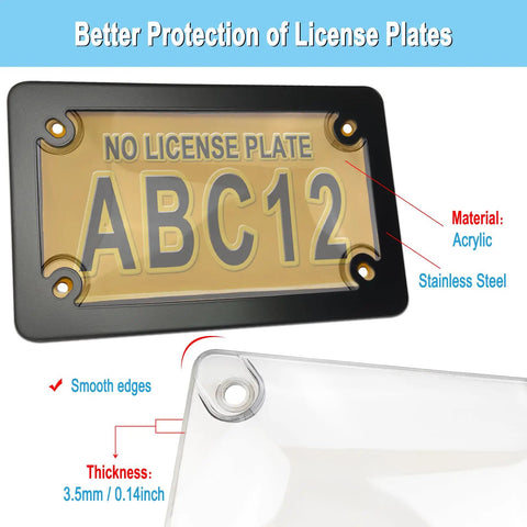 Bubble License Plate Protector With Black Stainless Steel Frame For Motorcycles, Clear ABS Shield, showing thickness and material details