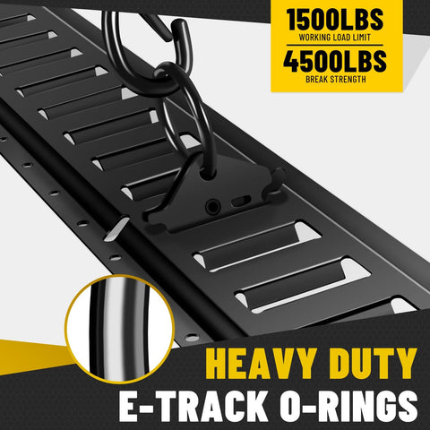 Heavy Duty E Track Cargo Tie Down Kit with O-rings on five foot rails for trailers, trucks, vans, motorcycles 1500 lbs load limit