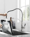 Pull Down Sprayer Kitchen Faucet With Single Handle In Brushed Nickel Finish, High Arc Gooseneck Spout, 360 Degree Rotation, Deck Plate Included