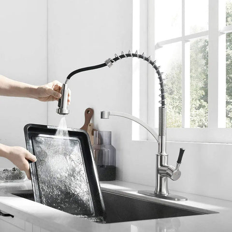 Pull Down Sprayer Kitchen Faucet With Single Handle In Brushed Nickel Finish, High Arc Gooseneck Spout, 360 Degree Rotation, Deck Plate Included