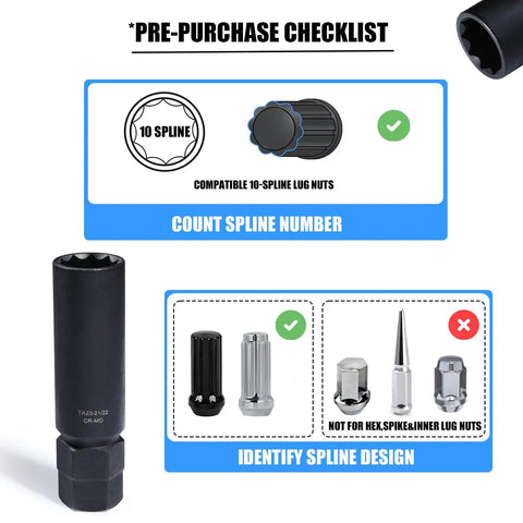 Thick Wall 10 Spline Lug Nut Key Set with compatibility chart and correct 10-spline lug identification, heavy-duty alloy build