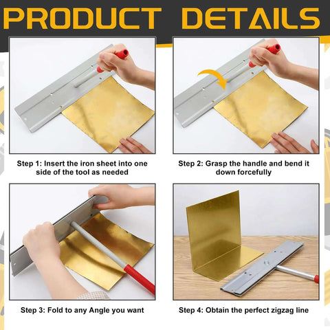 15 Inch Sheet Metal Bender Tool For HVAC Ductwork And Standing Seam Roofing Panels, showing bending process in four steps.