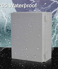 Tough As Nails ABS Plastic Junction Box Weatherproof IP65 Dustproof Waterproof Enclosure 8.6 By 6.7 By 4.3 Inches Industrial Electrical Box For Outdoor Projects Corrosion Resistant Drillable Mounting shown with water droplets