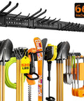 Beefy 66 Inch Garage Tool Organizer Wall Mount With 13 Adjustable Heavy-Duty Hooks, tools stored, space-saving pegboard system.