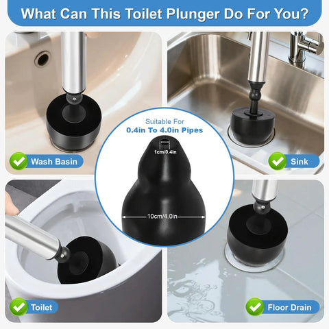 Heavy Duty Toilet Plunger And High Pressure Drain Gun With Pipe Auger Set To Kick Stubborn Clogs Fast In a wash basin and toilet.
