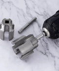 Super Duper Handy Dual Size Pvc Pipe Threading Kit! included tools and drill attachment for pipe threading on marble surface.