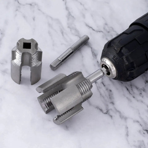 Super Duper Handy Dual Size Pvc Pipe Threading Kit! included tools and drill attachment for pipe threading on marble surface.